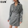 Women Gray Button Irregular Split joint Dress New Lapel Long