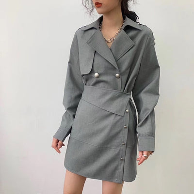 Women Gray Button Irregular Split joint Dress New  Lapel Long