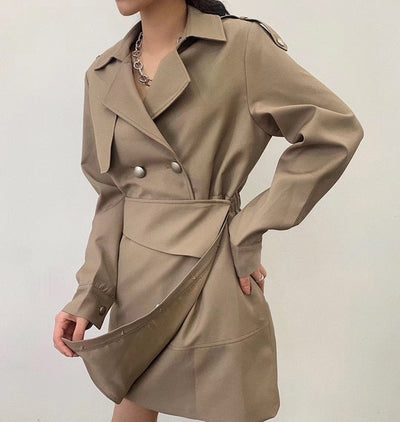 Women Gray Button Irregular Split joint Dress New  Lapel Long